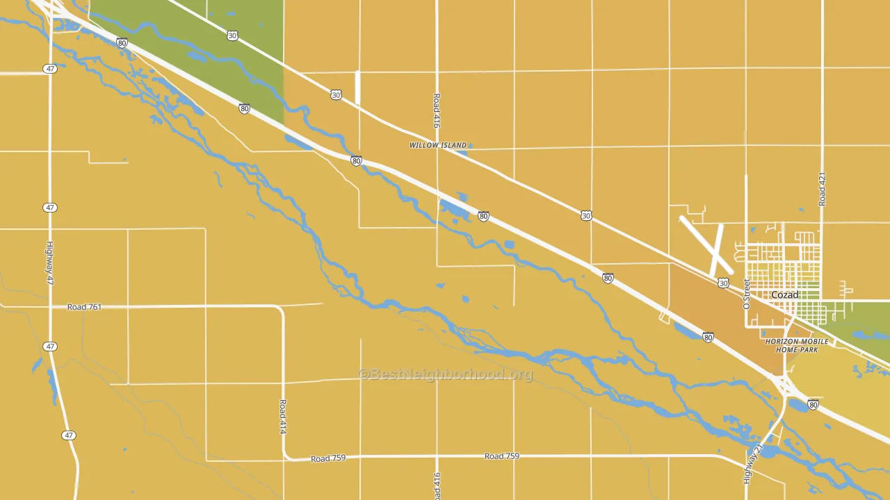 Map of the best neighborhoods in the Willow Island area, with better matches in green and worse matches in red