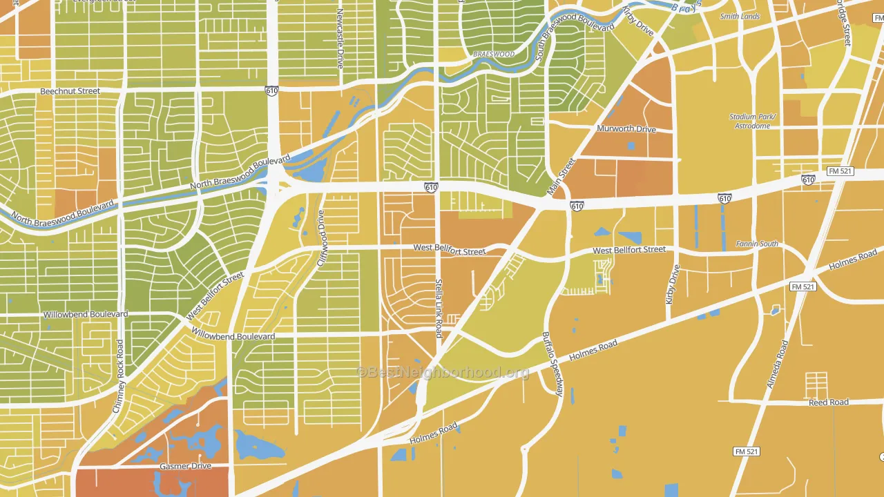 Map of the best neighborhoods in the Willow Meadows-Willowbend Area, Houston area, with better matches in green and worse matches in red