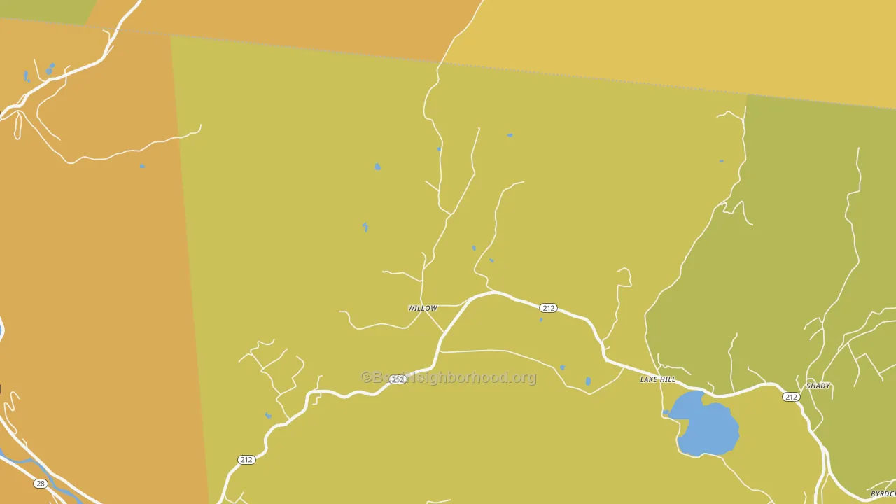 Map of the best neighborhoods in the Willow area, with better matches in green and worse matches in red