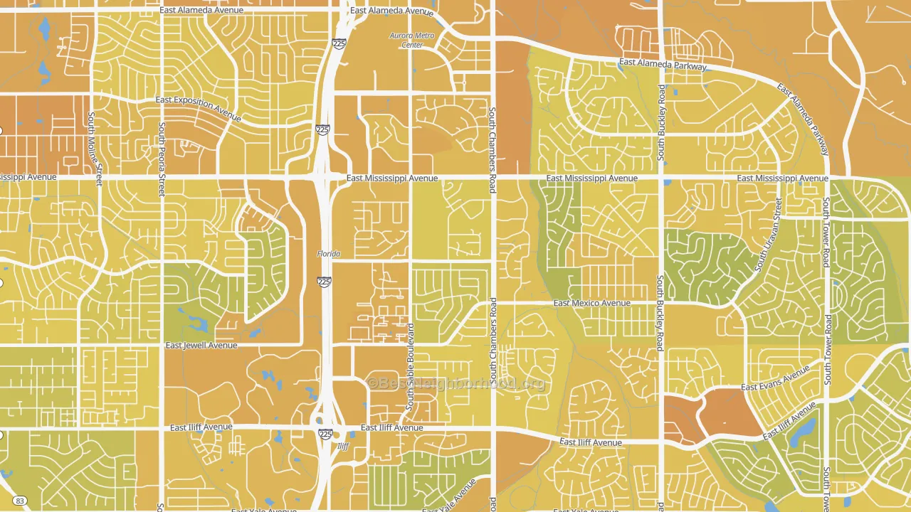 Map of the best neighborhoods in the Willow Park, Aurora area, with better matches in green and worse matches in red