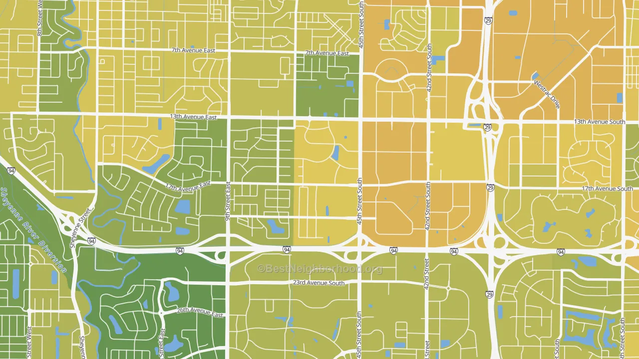 Map of the best neighborhoods in the Willow Park, Fargo area, with better matches in green and worse matches in red