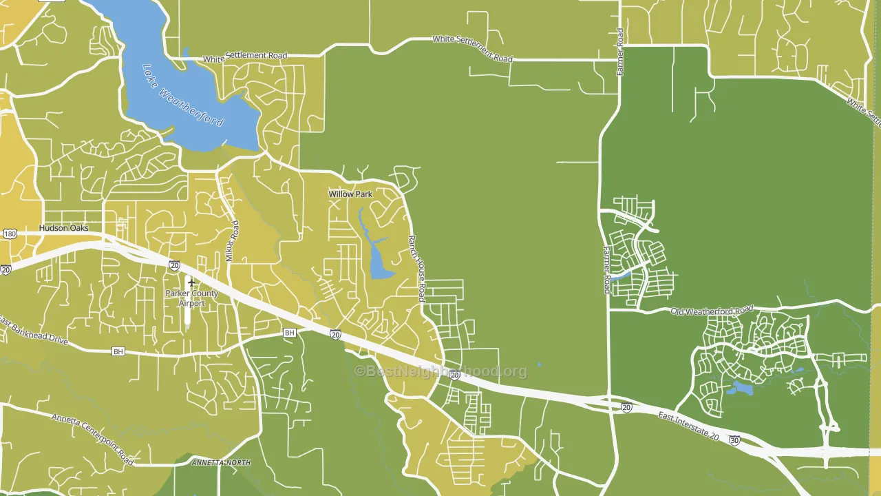 Map of the best neighborhoods in the Willow Park area, with better matches in green and worse matches in red