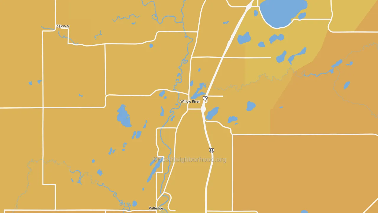 Map of the best neighborhoods in the Willow River area, with better matches in green and worse matches in red