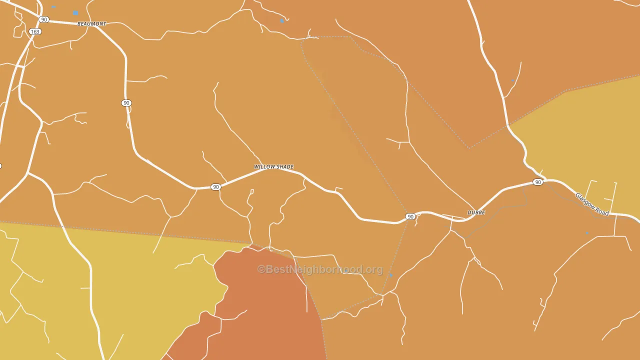 Map of the best neighborhoods in the Willow Shade area, with better matches in green and worse matches in red