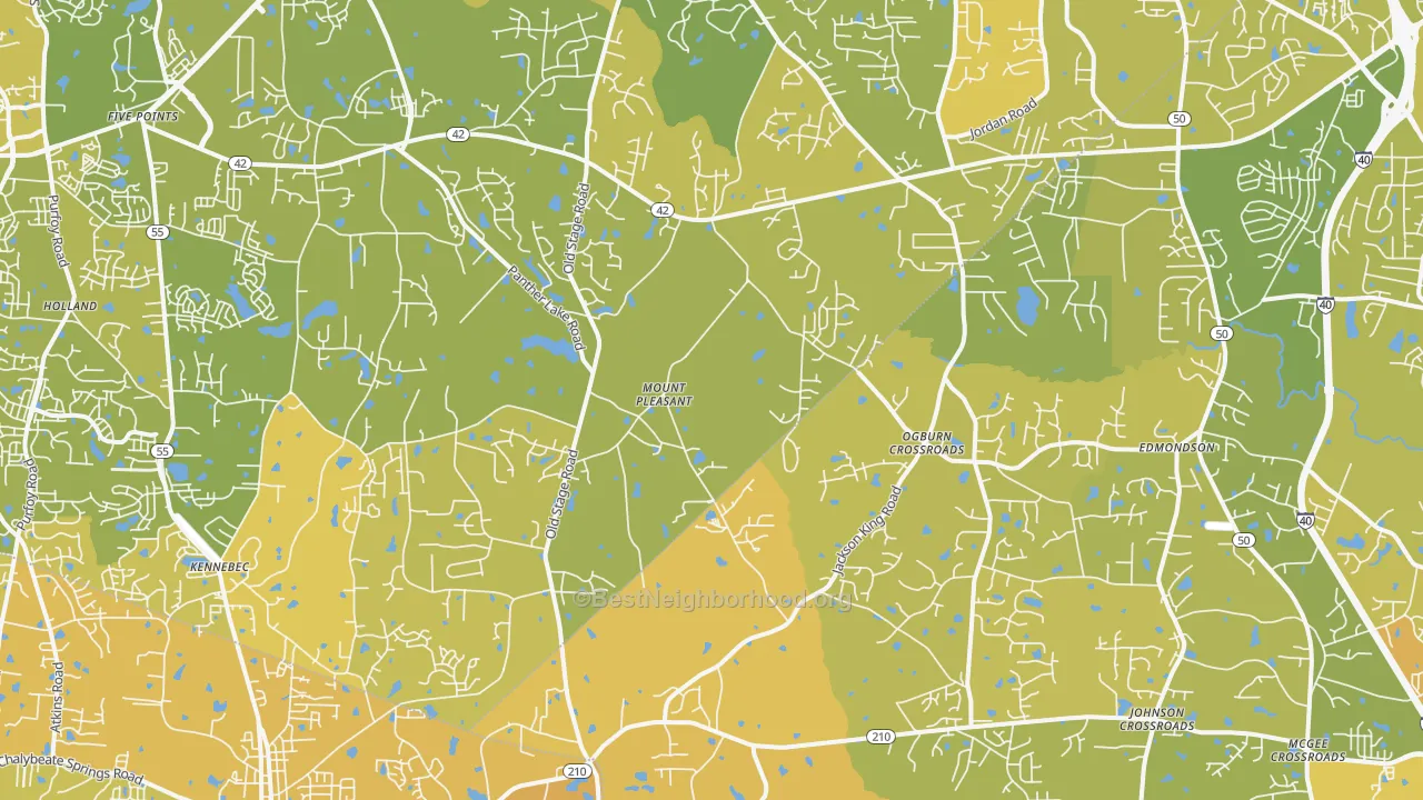 Map of the best neighborhoods in the Willow Spring area, with better matches in green and worse matches in red
