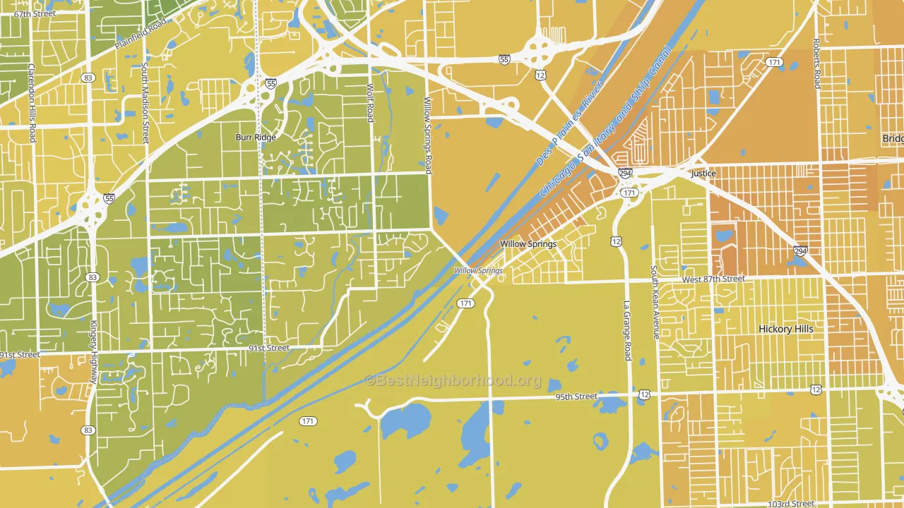 Map of the best neighborhoods in the Willow Springs area, with better matches in green and worse matches in red