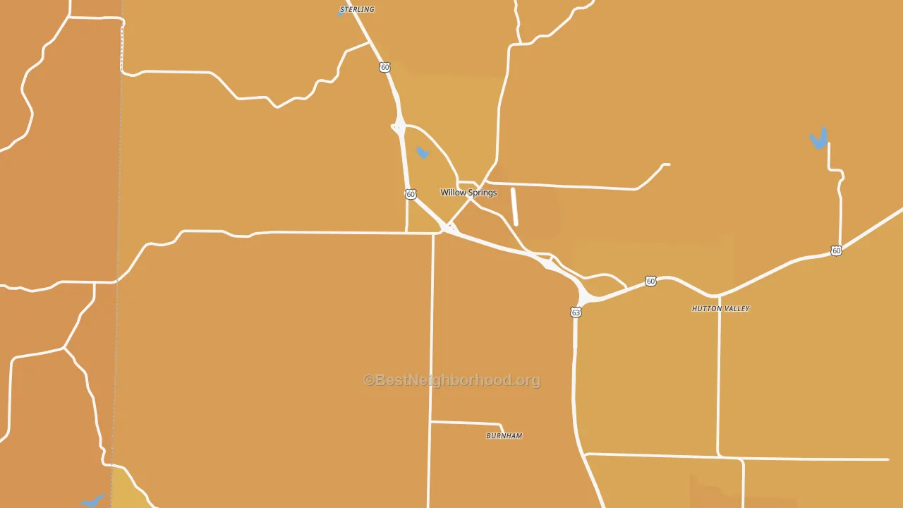 Map of the best neighborhoods in the Willow Springs area, with better matches in green and worse matches in red
