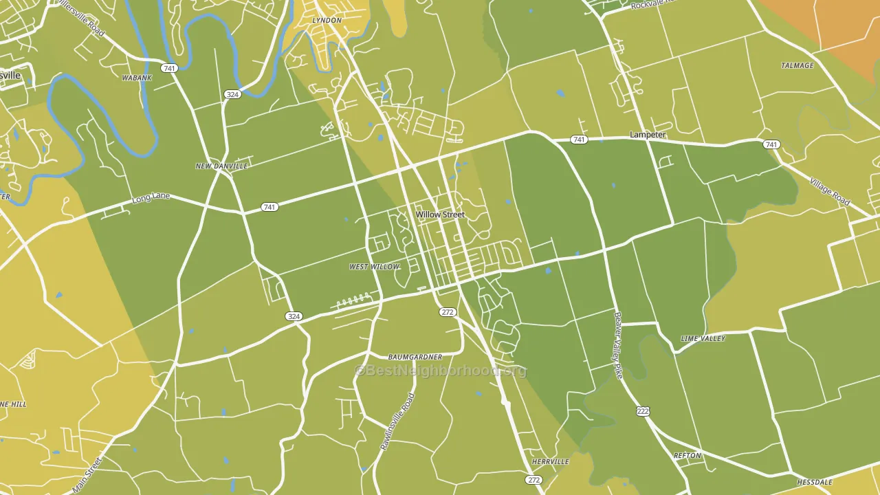 Map of the best neighborhoods in the Willow Street area, with better matches in green and worse matches in red