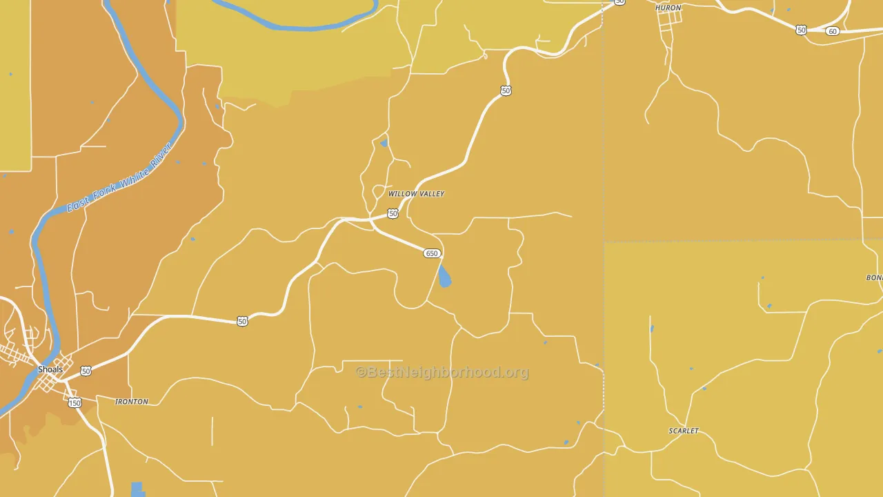 Map of the best neighborhoods in the Willow Valley area, with better matches in green and worse matches in red