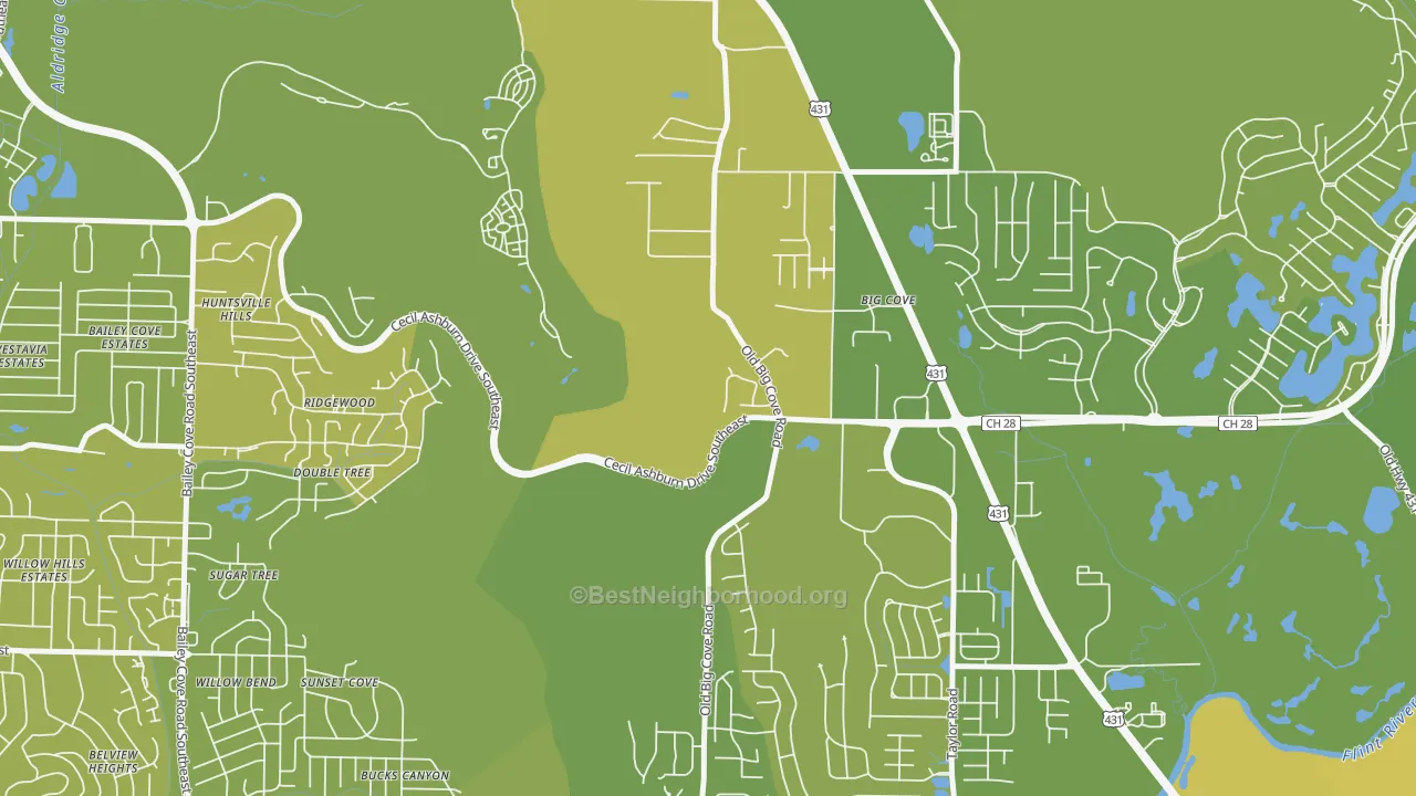 Map of the best neighborhoods in the Willowbrook area, with better matches in green and worse matches in red