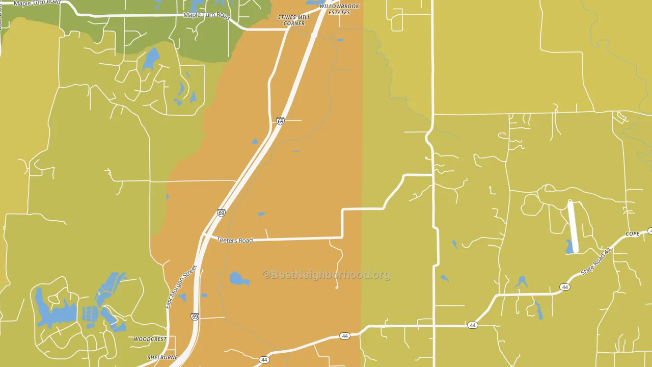 Map of the best neighborhoods in the Willowbrook Estates area, with better matches in green and worse matches in red