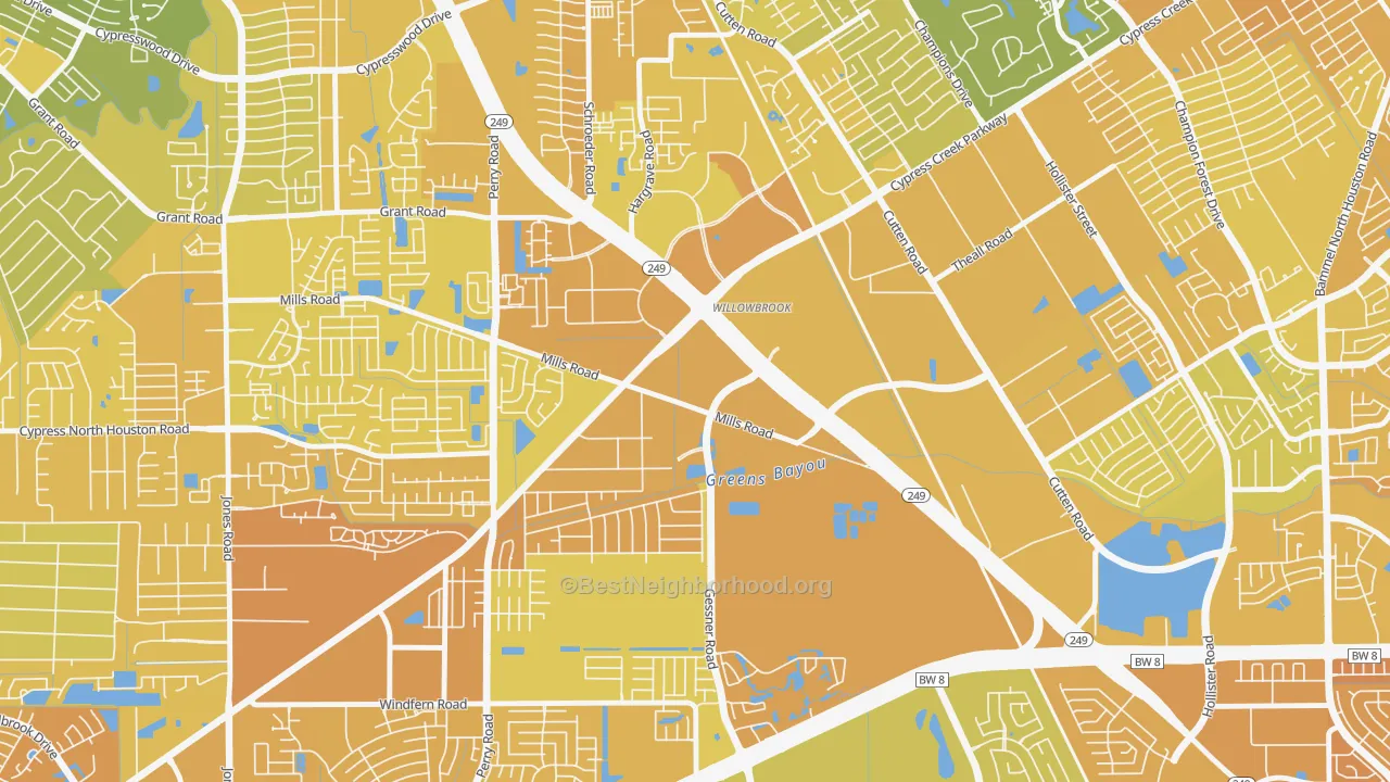 Map of the best neighborhoods in the Willowbrook, Houston area, with better matches in green and worse matches in red
