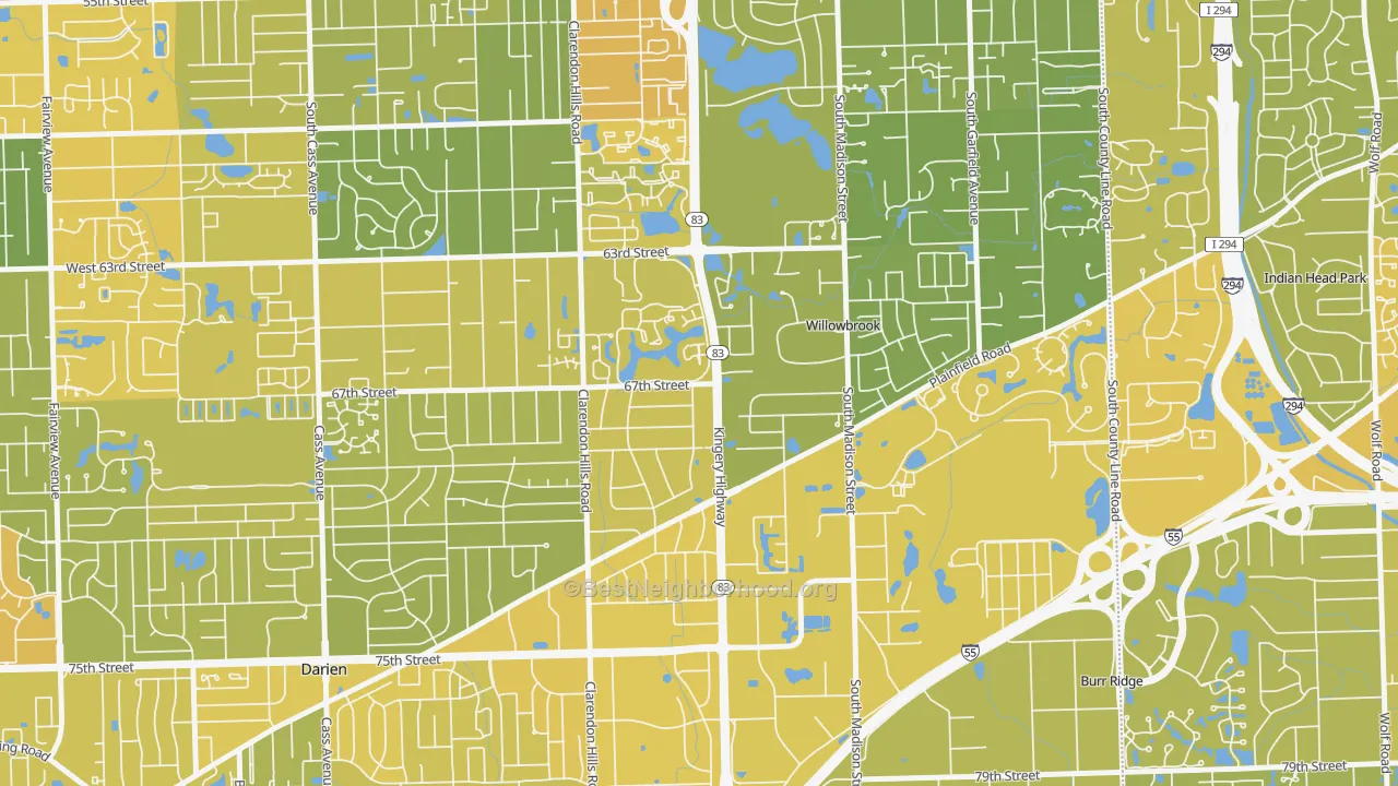 Map of the best neighborhoods in the Willowbrook area, with better matches in green and worse matches in red