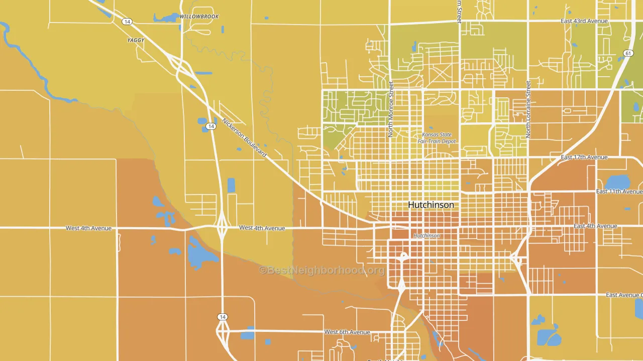 Map of the best neighborhoods in the Willowbrook area, with better matches in green and worse matches in red