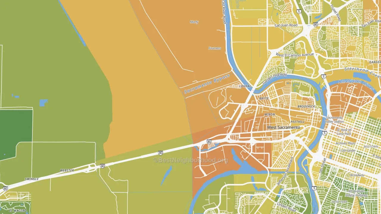 Map of the best neighborhoods in the Willowcreek, Sacramento area, with better matches in green and worse matches in red