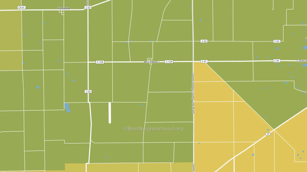 Map of the best neighborhoods in the Willowdell area, with better matches in green and worse matches in red
