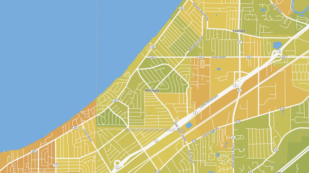 Map of the best neighborhoods in the Willowick area, with better matches in green and worse matches in red