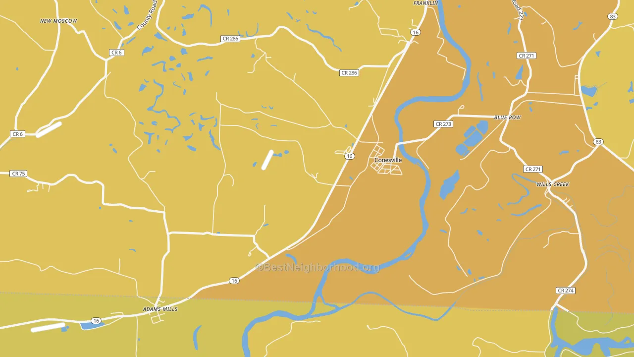 Map of the best neighborhoods in the Wills Creek area, with better matches in green and worse matches in red