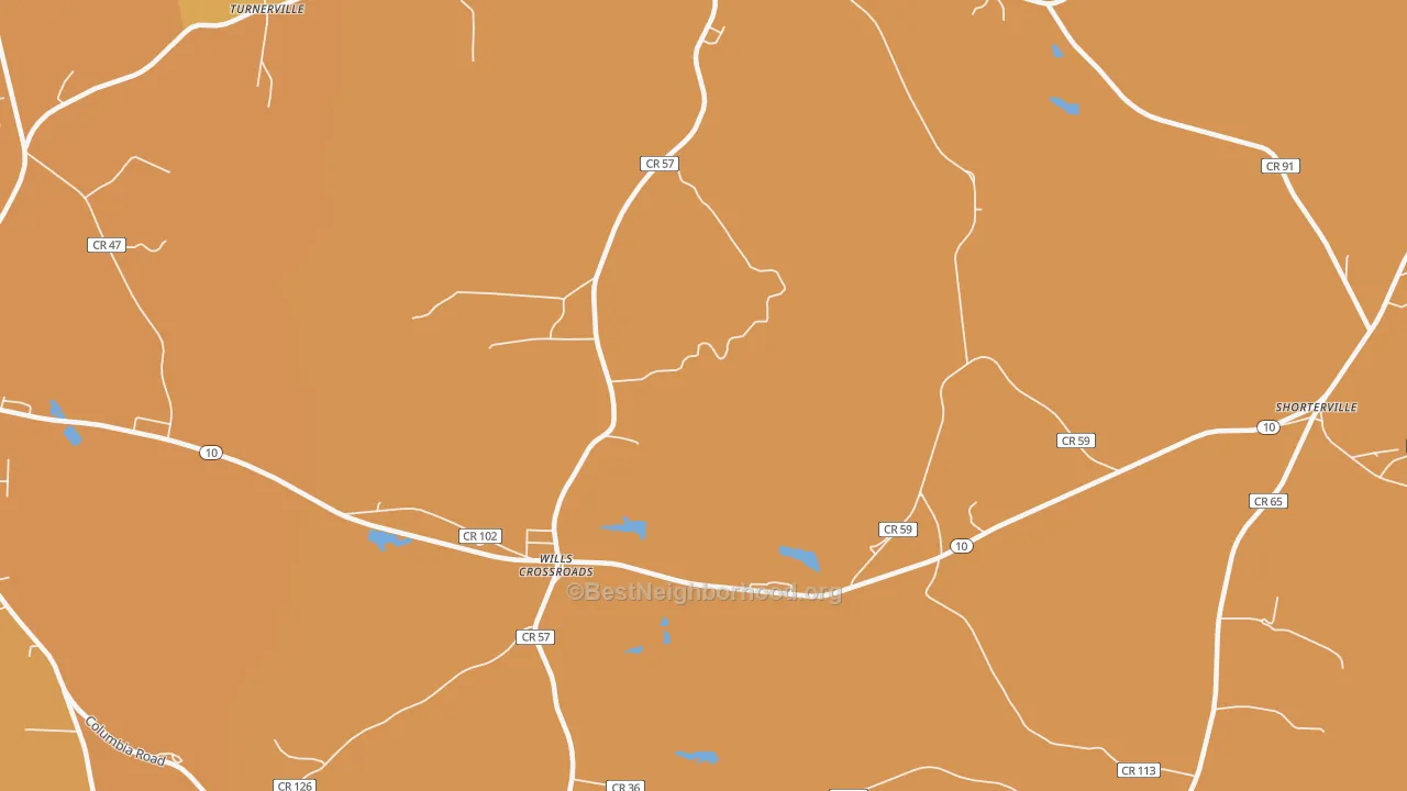 Map of the best neighborhoods in the Wills Crossroads area, with better matches in green and worse matches in red