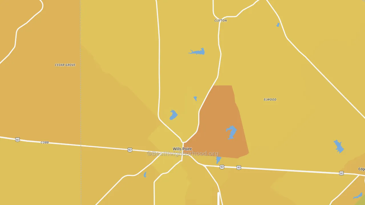 Map of the best neighborhoods in the Wills Point area, with better matches in green and worse matches in red