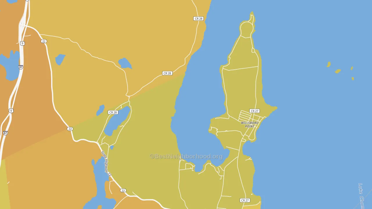 Map of the best neighborhoods in the Willsboro Point area, with better matches in green and worse matches in red