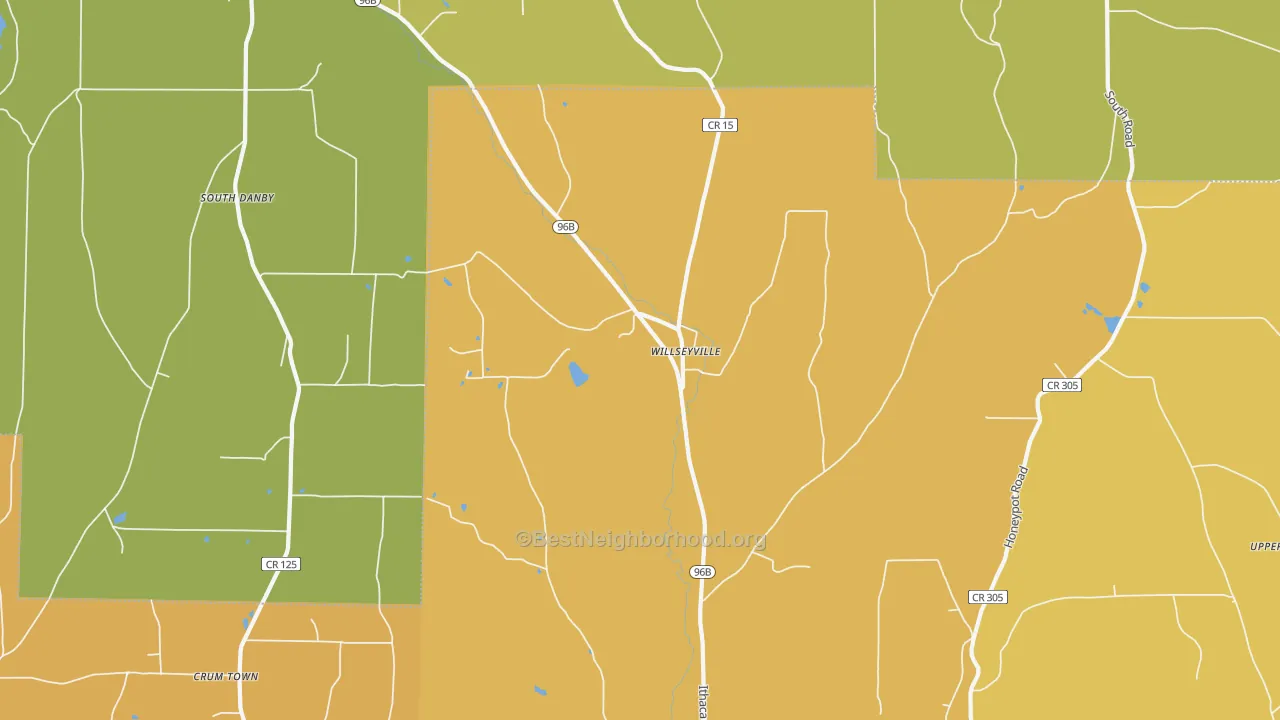 Map of the best neighborhoods in the Willseyville area, with better matches in green and worse matches in red