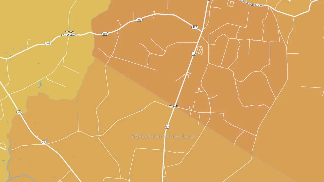 Map of the best neighborhoods in the Wilmar area, with better matches in green and worse matches in red