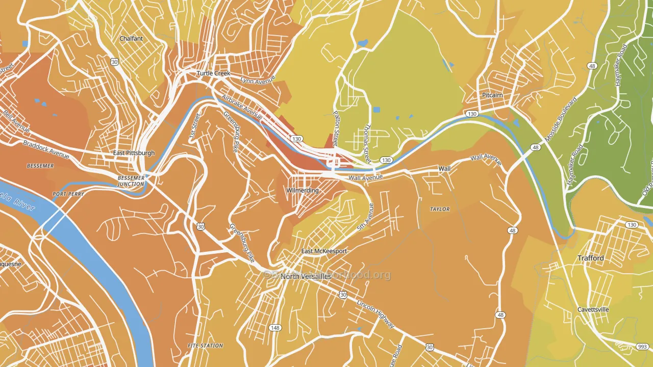 Map of the best neighborhoods in the Wilmerding area, with better matches in green and worse matches in red