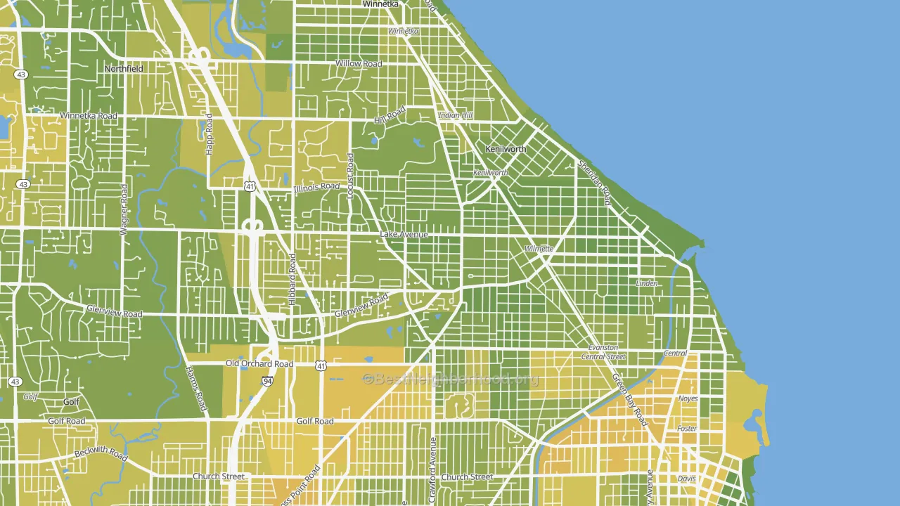 Map of the best neighborhoods in the Wilmette area, with better matches in green and worse matches in red