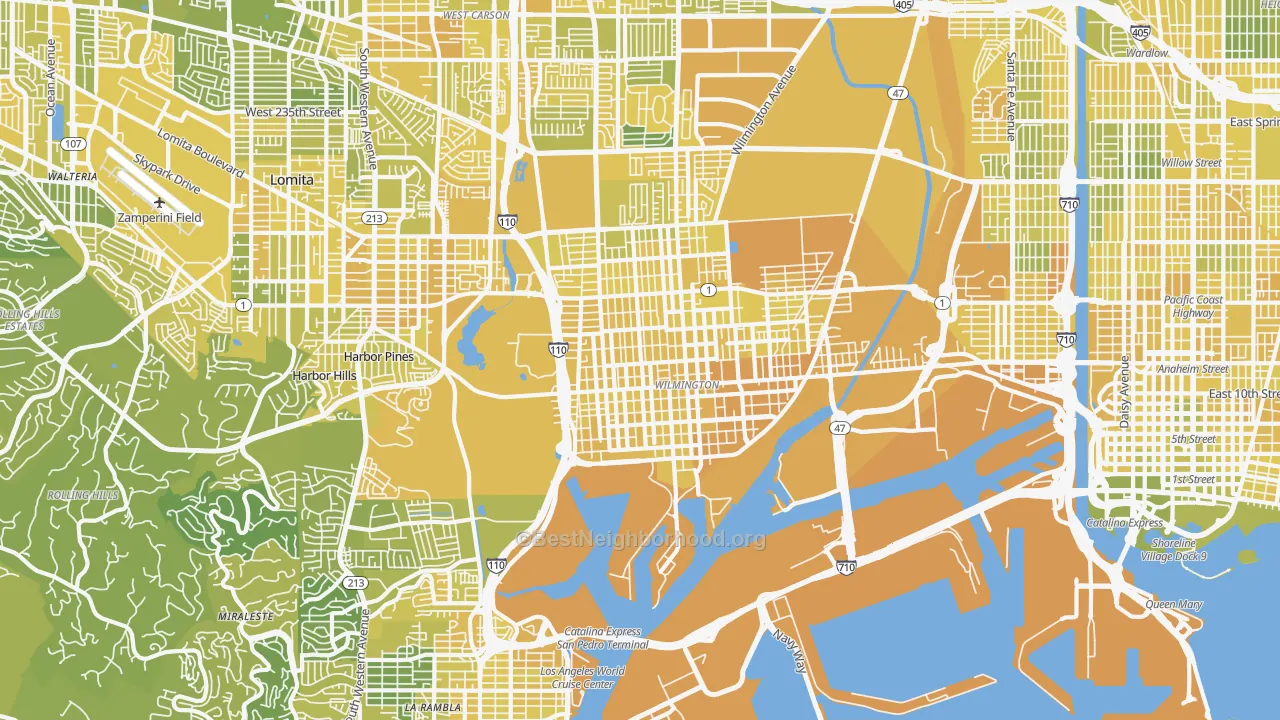 Map of the best neighborhoods in the Wilmington area, with better matches in green and worse matches in red