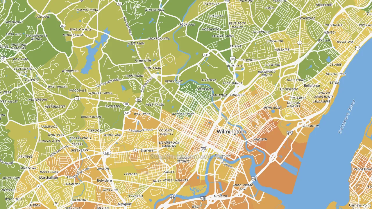 Map of the best neighborhoods in the Wilmington area, with better matches in green and worse matches in red