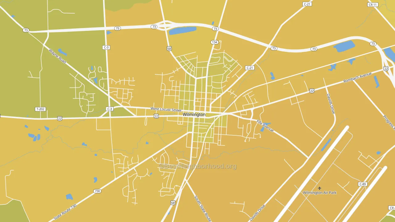 Map of the best neighborhoods in the Wilmington Historic District, Wilmington area, with better matches in green and worse matches in red
