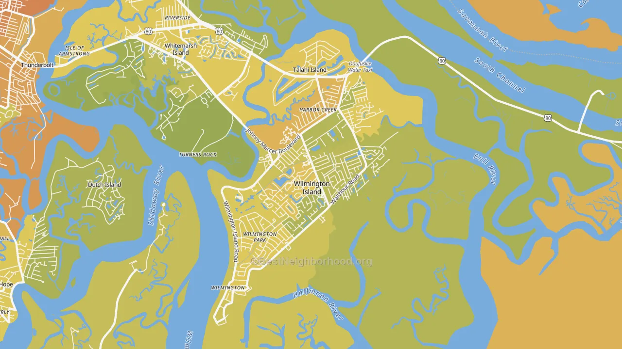 Map of the best neighborhoods in the Wilmington Island area, with better matches in green and worse matches in red