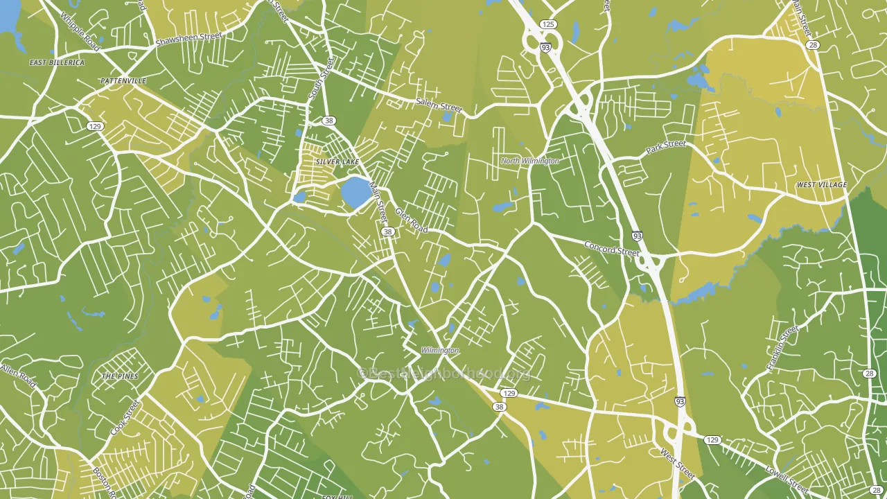 Map of the best neighborhoods in the Wilmington area, with better matches in green and worse matches in red