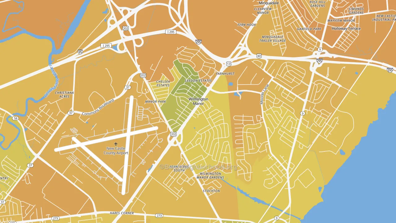 Map of the best neighborhoods in the Wilmington Manor area, with better matches in green and worse matches in red