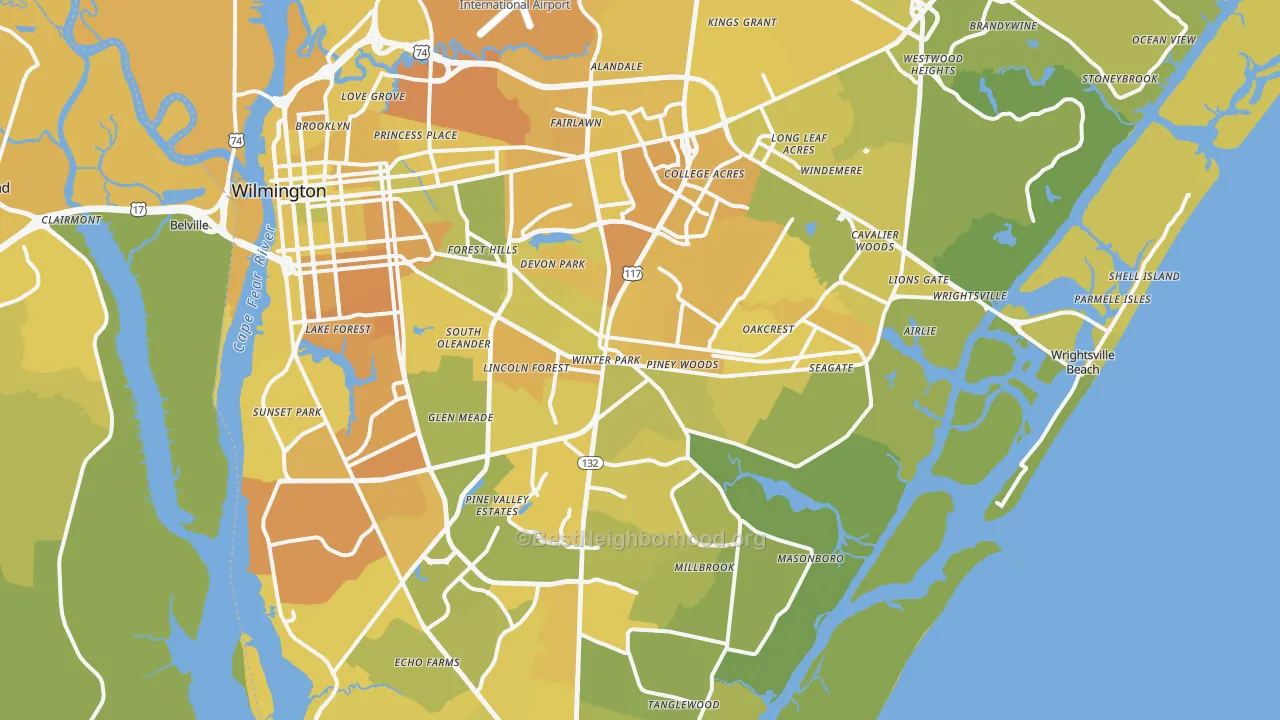Map of the best neighborhoods in the Wilmington Metro area, with better matches in green and worse matches in red