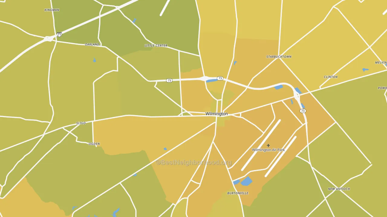 Map of the best neighborhoods in the Wilmington area, with better matches in green and worse matches in red