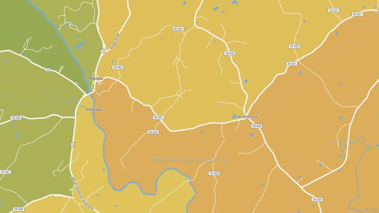 Map of the best neighborhoods in the Wilmington area, with better matches in green and worse matches in red