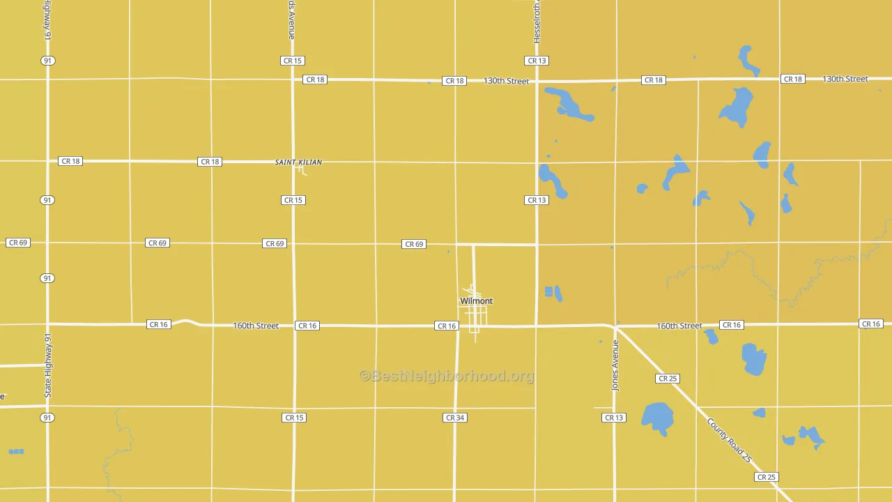 Map of the best neighborhoods in the Wilmont area, with better matches in green and worse matches in red