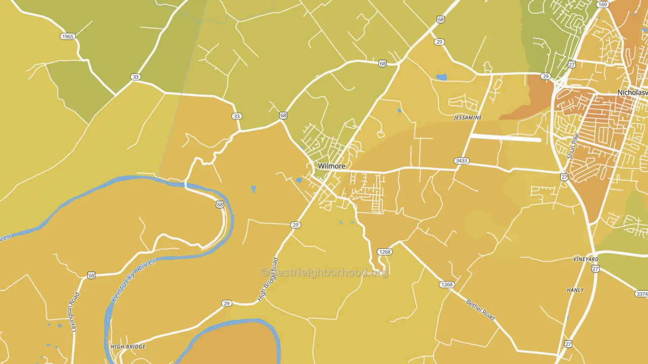 Map of the best neighborhoods in the Wilmore area, with better matches in green and worse matches in red