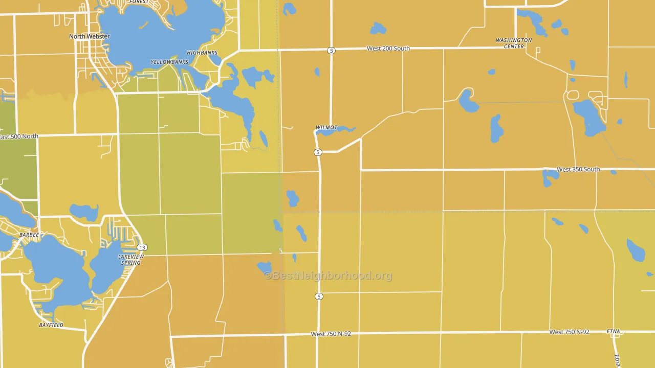 Map of the best neighborhoods in the Wilmot area, with better matches in green and worse matches in red