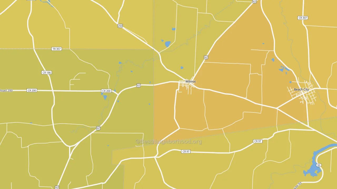 Map of the best neighborhoods in the Wilmot area, with better matches in green and worse matches in red