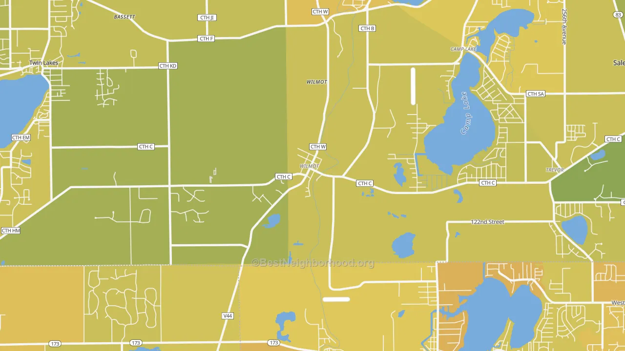 Map of the best neighborhoods in the Wilmot area, with better matches in green and worse matches in red