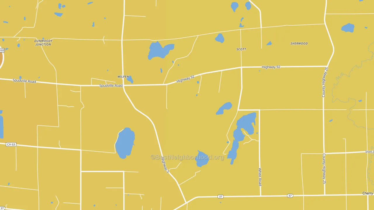 Map of the best neighborhoods in the Wilpen area, with better matches in green and worse matches in red
