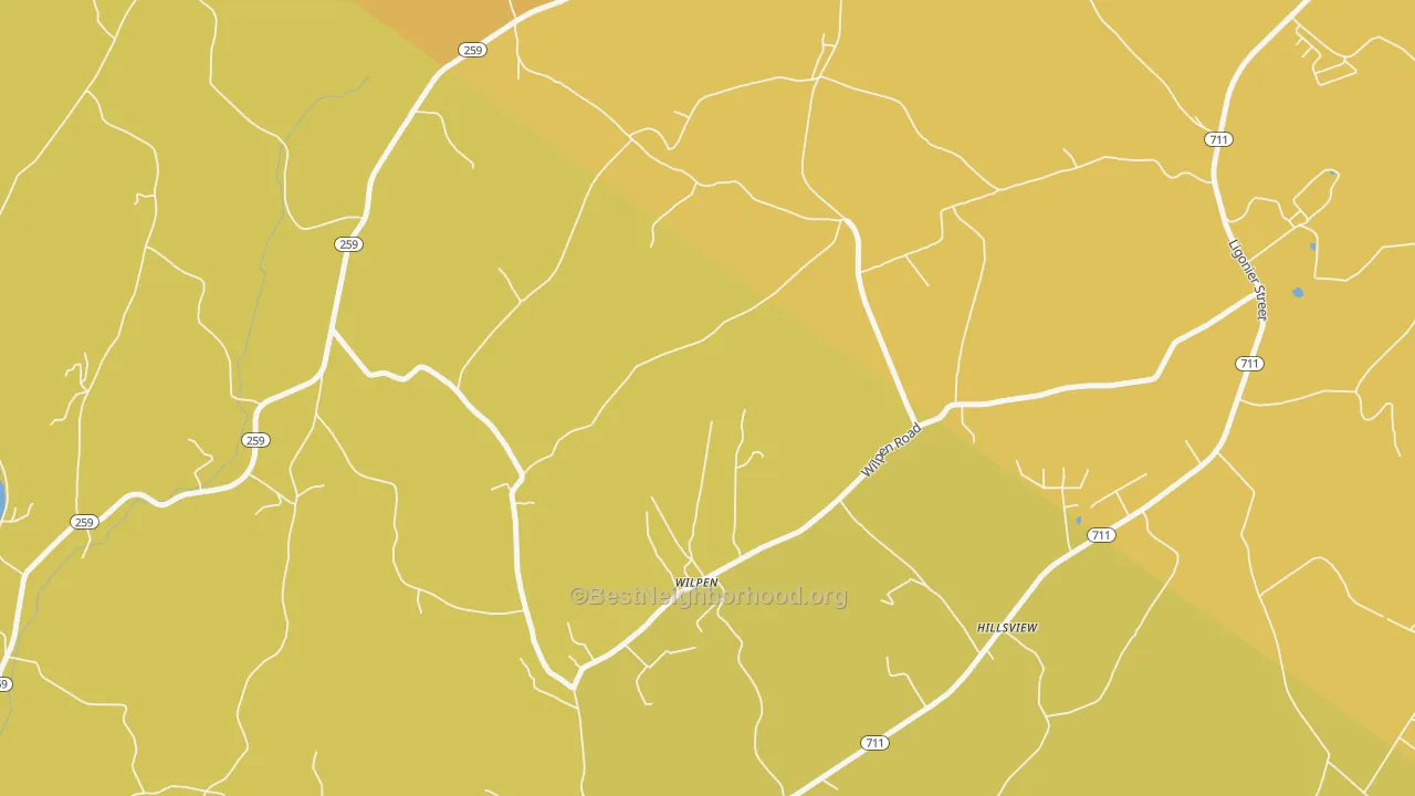 Map of the best neighborhoods in the Wilpen area, with better matches in green and worse matches in red