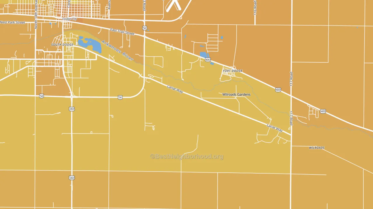 Map of the best neighborhoods in the Wilroads Gardens area, with better matches in green and worse matches in red