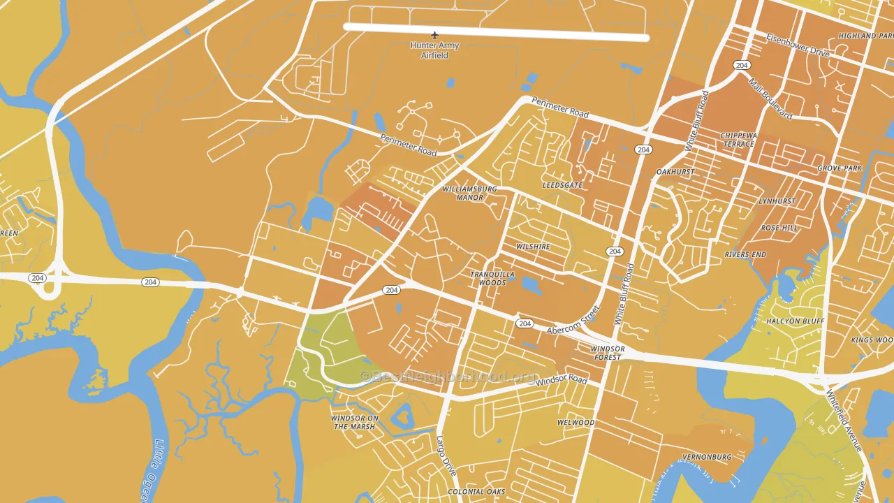 Map of the best neighborhoods in the Wilshire Estates-Savannah Mall, Savannah area, with better matches in green and worse matches in red