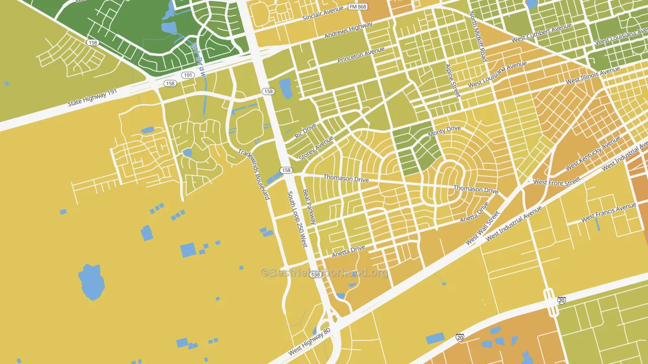 Map of the best neighborhoods in the Wilshire Park, Midland area, with better matches in green and worse matches in red