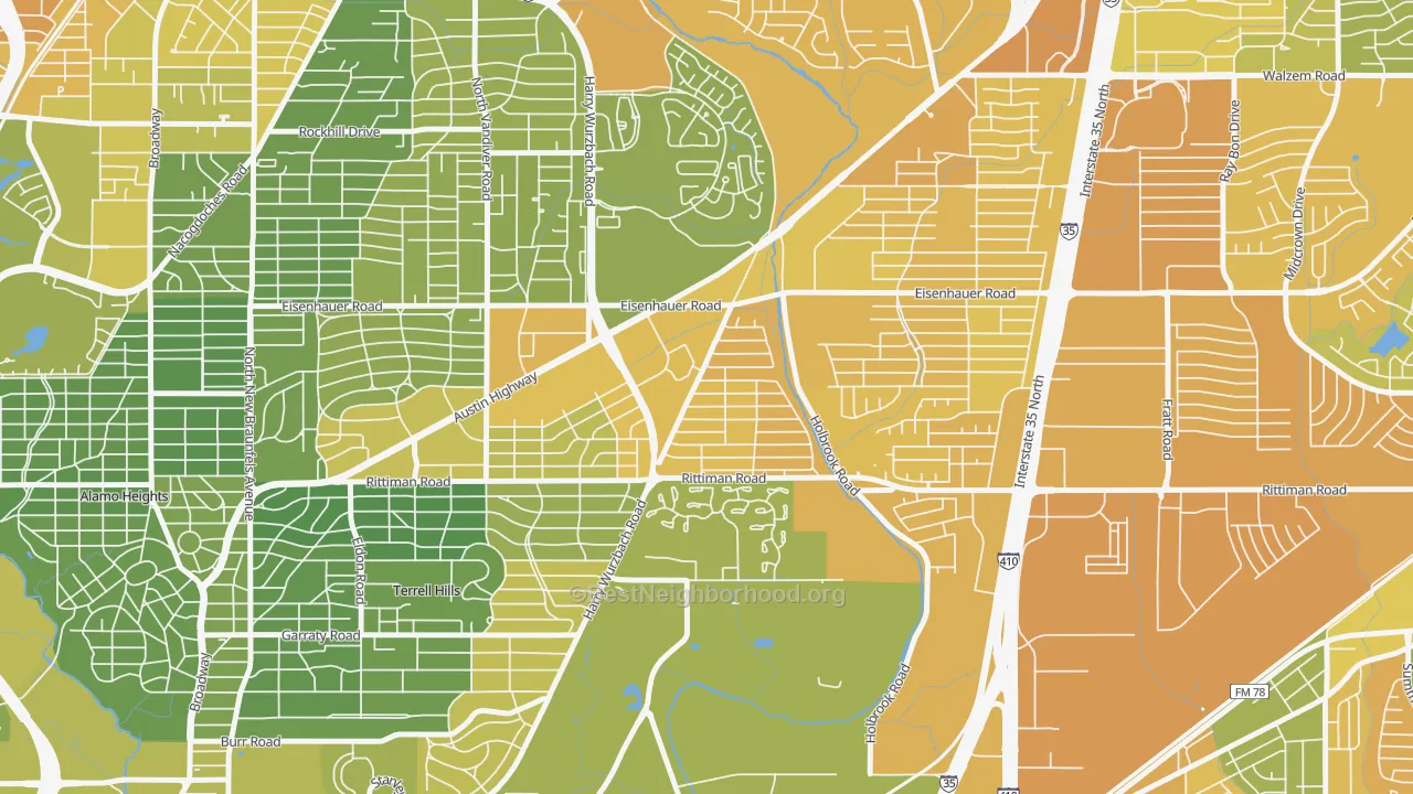 Map of the best neighborhoods in the Wilshire, San Antonio area, with better matches in green and worse matches in red