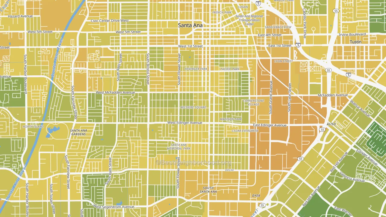 Map of the best neighborhoods in the Wilshire Square, Santa Ana area, with better matches in green and worse matches in red
